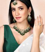 Kundan & beads studded rani pink green necklace earrings maangtikka