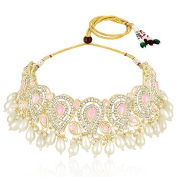 Pink cz crystals & beads studded necklace earrings & maangtikka set 2