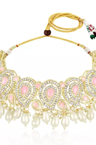 Pink cz crystals & beads studded necklace earrings & maangtikka set