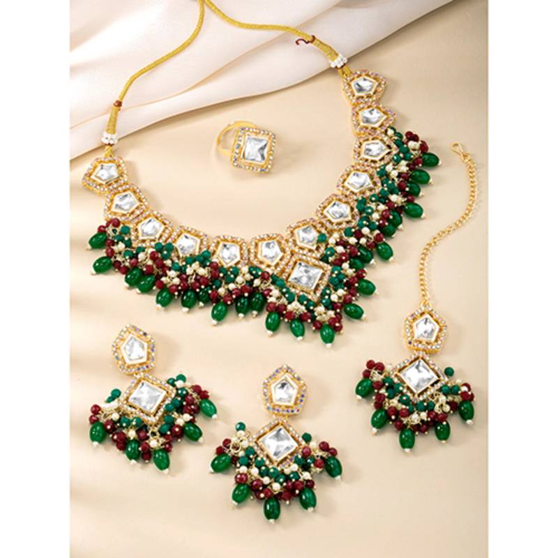 Kundan & beads studded rani pink green necklace earrings maangtikka