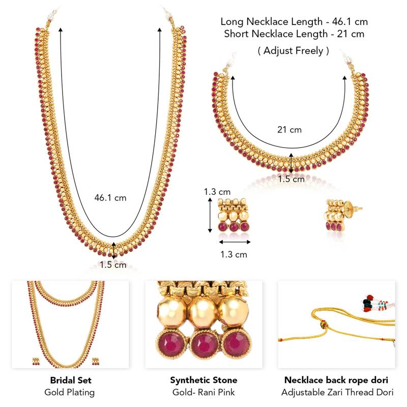 Gold plated rani pink choker long necklace and earrings set maharani