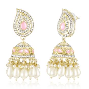 Pink cz crystals & beads studded necklace earrings & maangtikka set 3