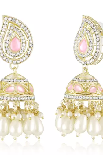 Pink cz crystals & beads studded necklace earrings & maangtikka set