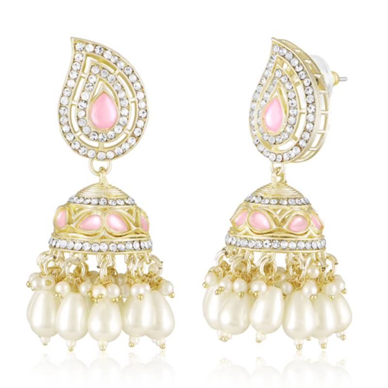 Pink cz crystals & beads studded necklace earrings & maangtikka set