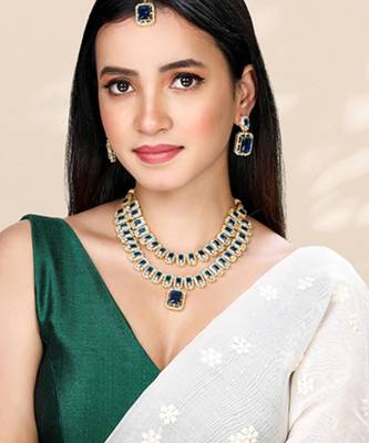 Cubic zirconia & synthetic stone studded 2 layer blue necklace 1
