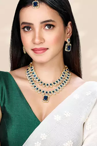 Cubic zirconia & synthetic stone studded 2 layer blue necklace