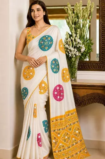 Cream embellished mirror work poly crepe designer saree