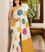 Cream embellished mirror work poly crepe designer saree