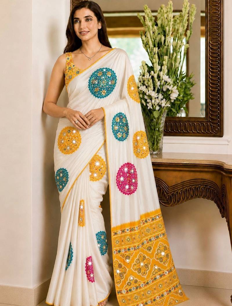 Cream embellished mirror work poly crepe designer saree