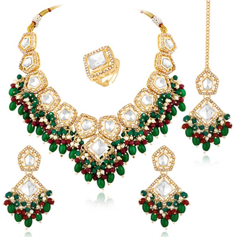 Kundan & beads studded rani pink green necklace earrings maangtikka