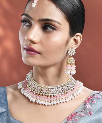 Pink kundan & beads studded choker necklace jhumki earringss 1