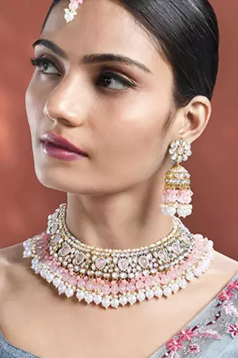 Pink kundan & beads studded choker necklace jhumki earringss