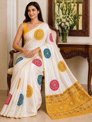 Cream embellished mirror work poly crepe designer saree 2