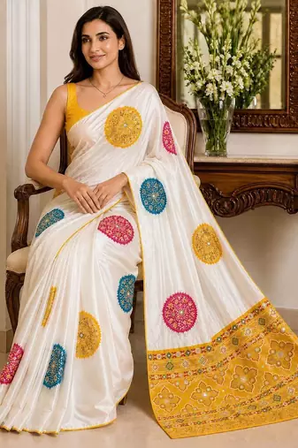 Cream embellished mirror work poly crepe designer saree