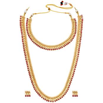 Gold plated rani pink choker long necklace and earrings set maharani 5