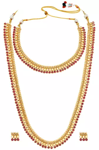 Gold plated rani pink choker long necklace and earrings set maharani