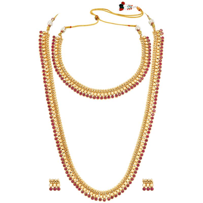Gold plated rani pink choker long necklace and earrings set maharani