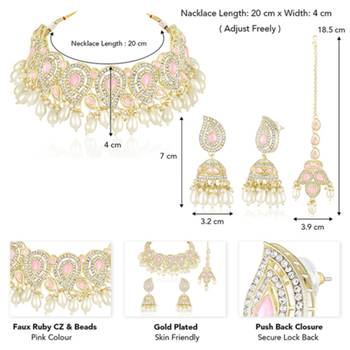 Pink cz crystals & beads studded necklace earrings & maangtikka set 4