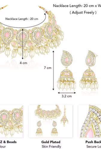 Pink cz crystals & beads studded necklace earrings & maangtikka set