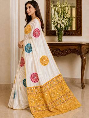Cream embellished mirror work poly crepe designer saree 3
