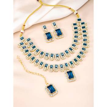 Cubic zirconia & synthetic stone studded 2 layer blue necklace 2