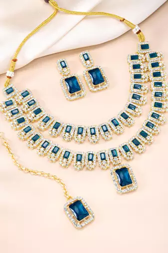 Cubic zirconia & synthetic stone studded 2 layer blue necklace