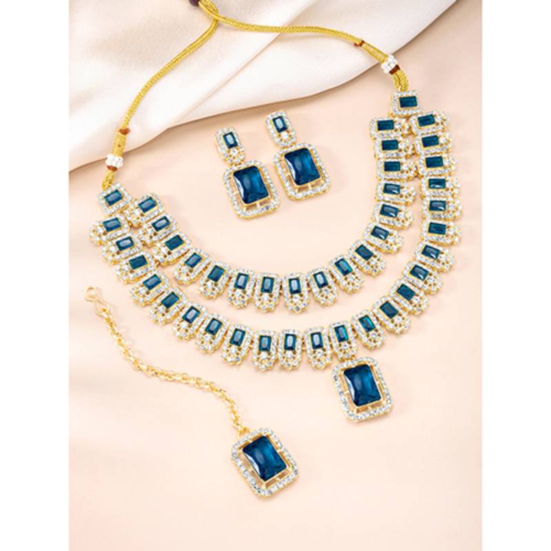 Cubic zirconia & synthetic stone studded 2 layer blue necklace