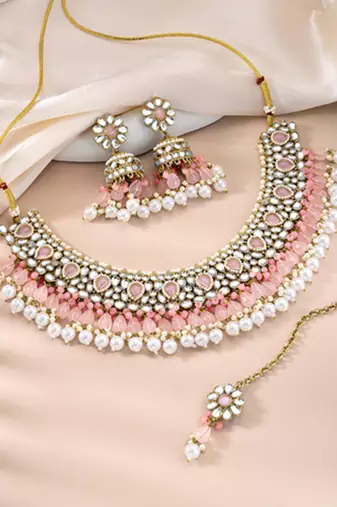 Pink kundan & beads studded choker necklace jhumki earringss