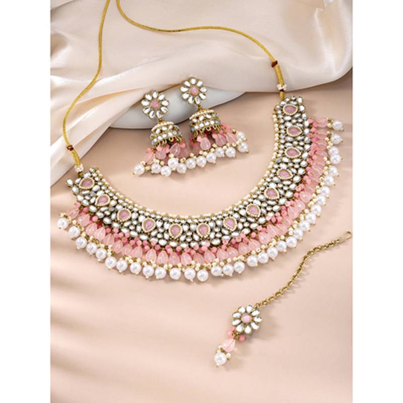 Pink kundan & beads studded choker necklace jhumki earringss