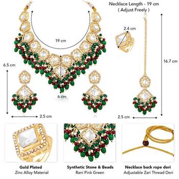Kundan & beads studded rani pink green necklace earrings maangtikka 4
