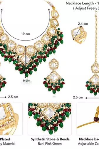 Kundan & beads studded rani pink green necklace earrings maangtikka