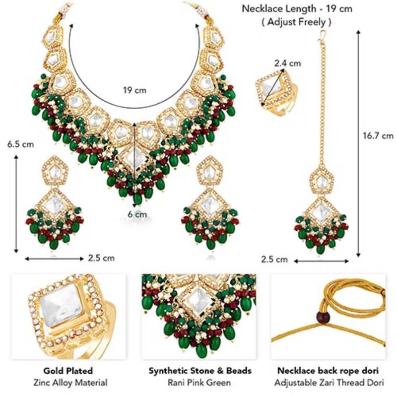Kundan & beads studded rani pink green necklace earrings maangtikka