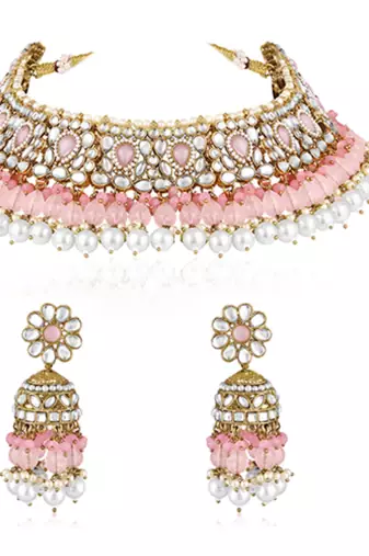 Pink kundan & beads studded choker necklace jhumki earringss