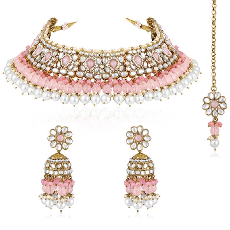 Pink kundan & beads studded choker necklace jhumki earringss
