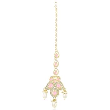Pink cz crystals & beads studded necklace earrings & maangtikka set 5