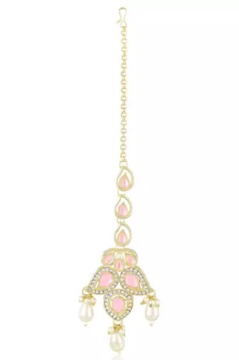 Pink cz crystals & beads studded necklace earrings & maangtikka set