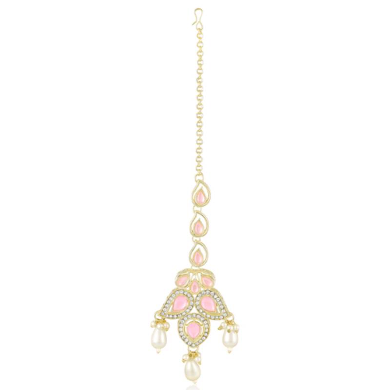 Pink cz crystals & beads studded necklace earrings & maangtikka set