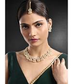 Gold plated white kundan & beads studded necklace earrings