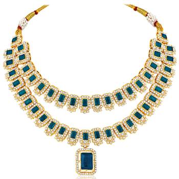 Cubic zirconia & synthetic stone studded 2 layer blue necklace 3