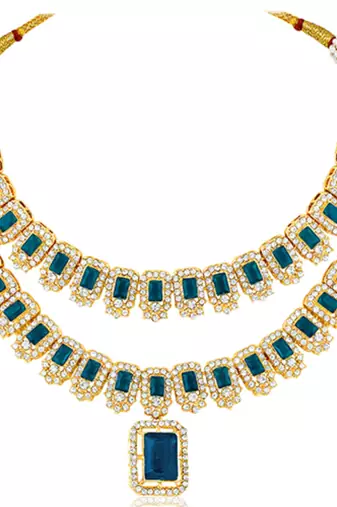 Cubic zirconia & synthetic stone studded 2 layer blue necklace