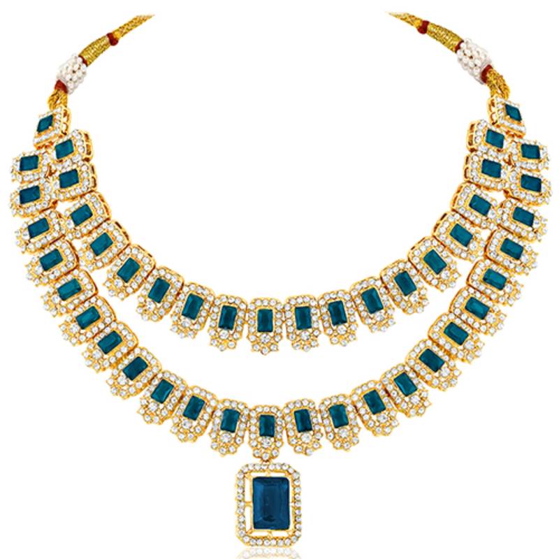 Cubic zirconia & synthetic stone studded 2 layer blue necklace