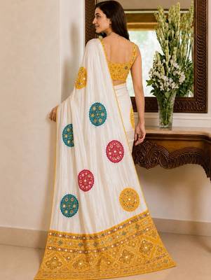 Cream embellished mirror work poly crepe designer saree 5