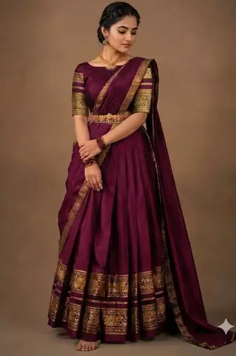 South Indian Style Semi-Stitched Half Saree with Blouse and Dupatta