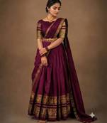 South Indian Style Semi-Stitched Half Saree with Blouse and Dupatta