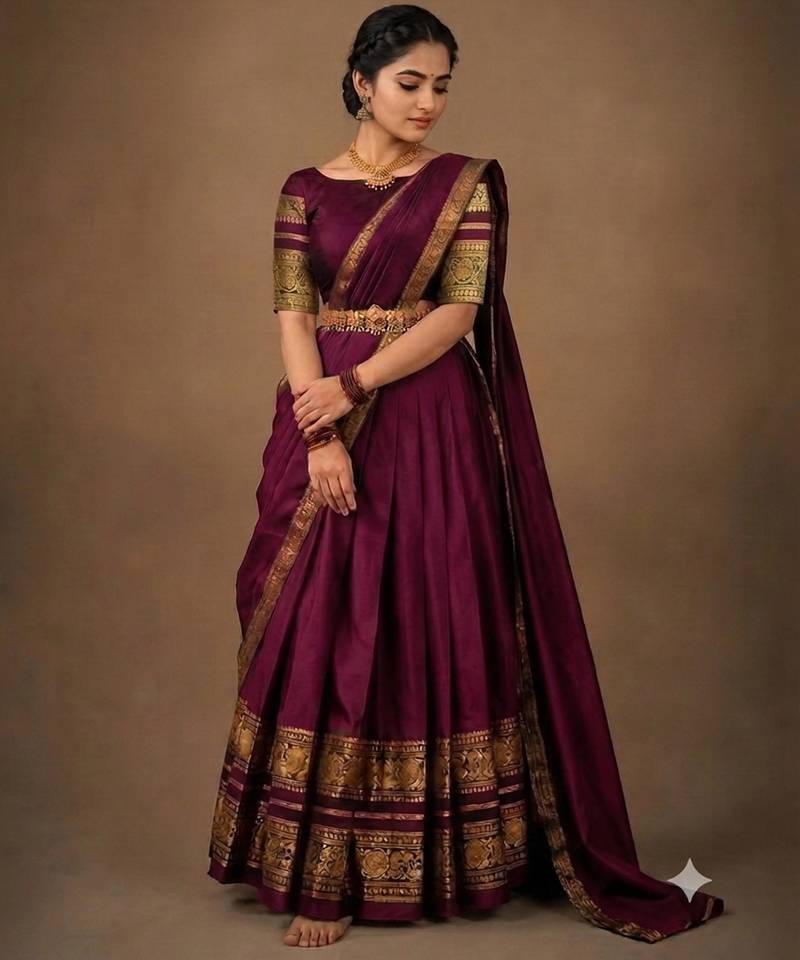 South Indian Style Semi-Stitched Half Saree with Blouse and Dupatta