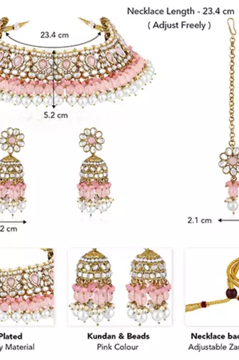 Pink kundan & beads studded choker necklace jhumki earringss