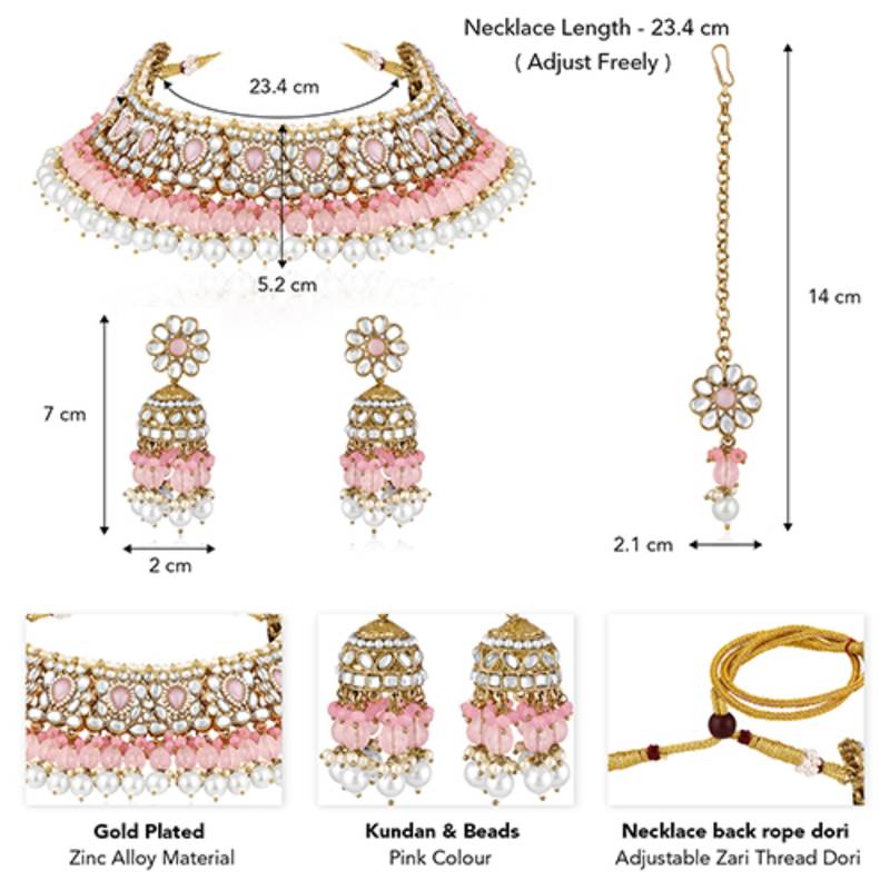 Pink kundan & beads studded choker necklace jhumki earringss