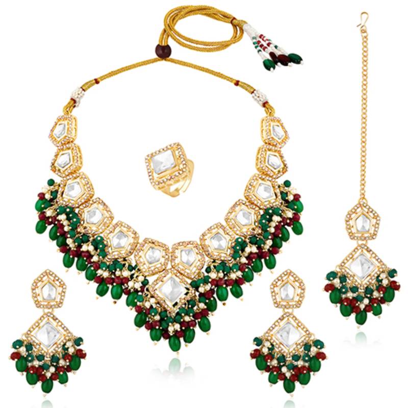 Kundan & beads studded rani pink green necklace earrings maangtikka