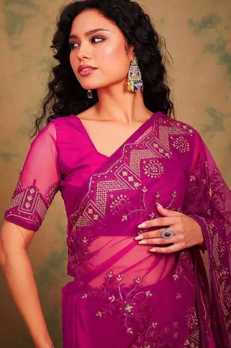 Pink ethnic motifs embroidered net sarees
