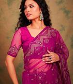 Pink ethnic motifs embroidered net sarees